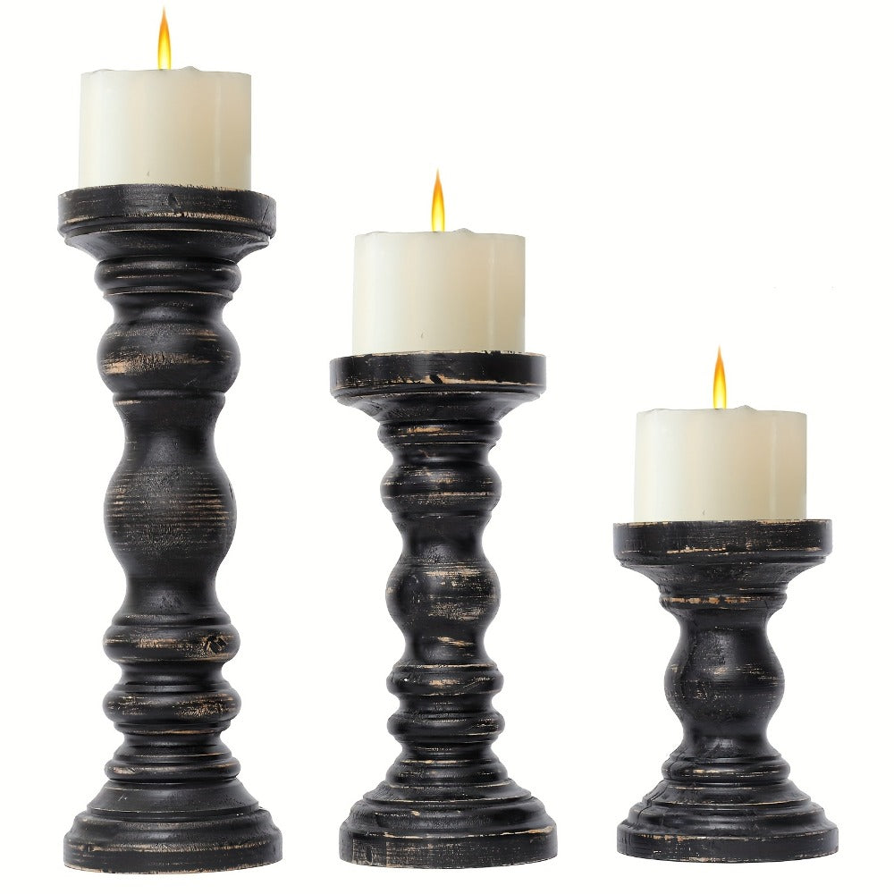 Wood Pillar Candle Holder Set of 3 - Farmhouse Rustic Wooden Candlestick Holders for Pillar Candles, Tiered Tray Decor, Table Centerpiece, Mantel Shelf Home Decor, White Black Brown
