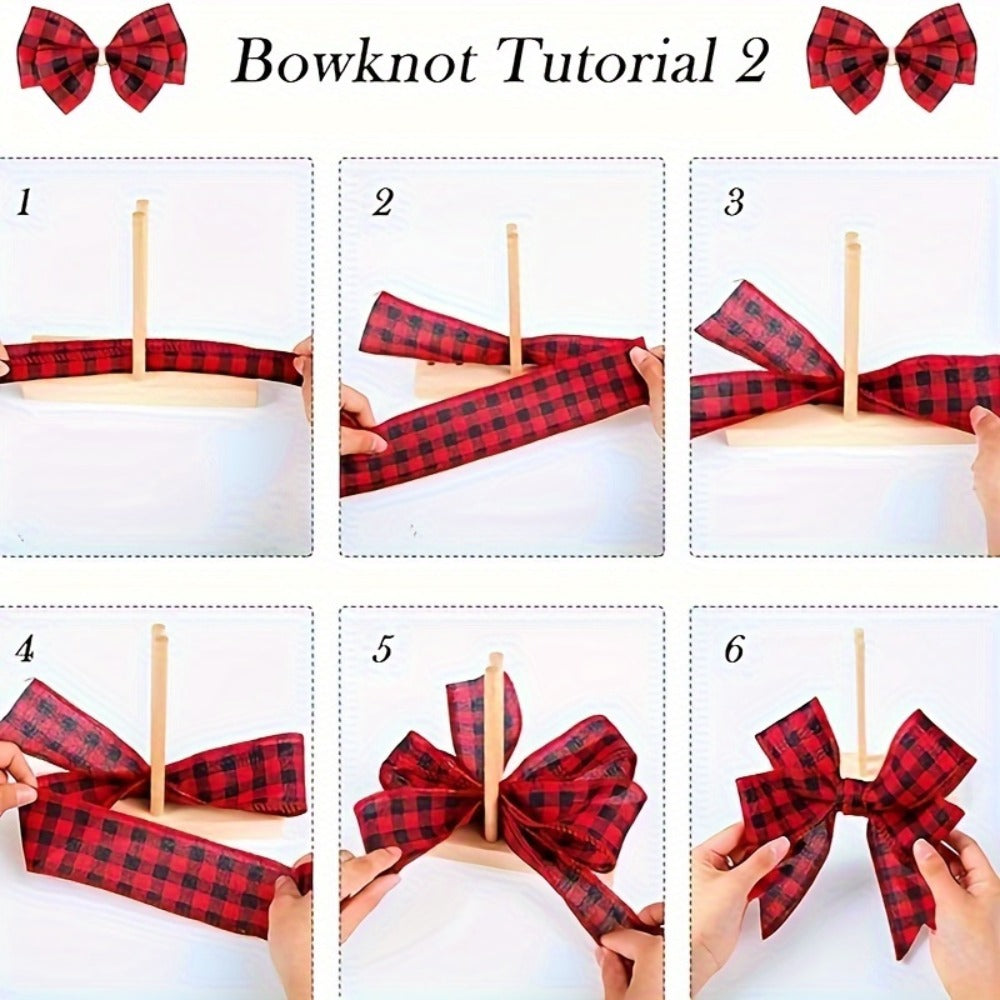 9-Piece Wooden Wreath & Bow Maker Crafting Tool Set, DIY Floral Wreath Molds with Wooden Sticks Rope Checkered Fabric, Party Decoration Craft Supplies for Holiday