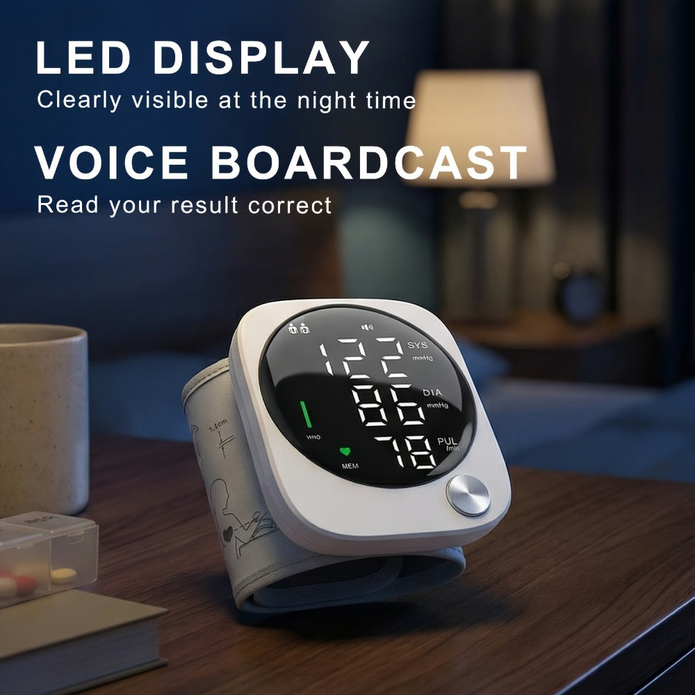 Wrist Blood Pressure Monitor with LCD Screen, Arrhythmia Alarm & Voice Playback ¨C Adjustable Cuff, USB Charging, Gift for Family