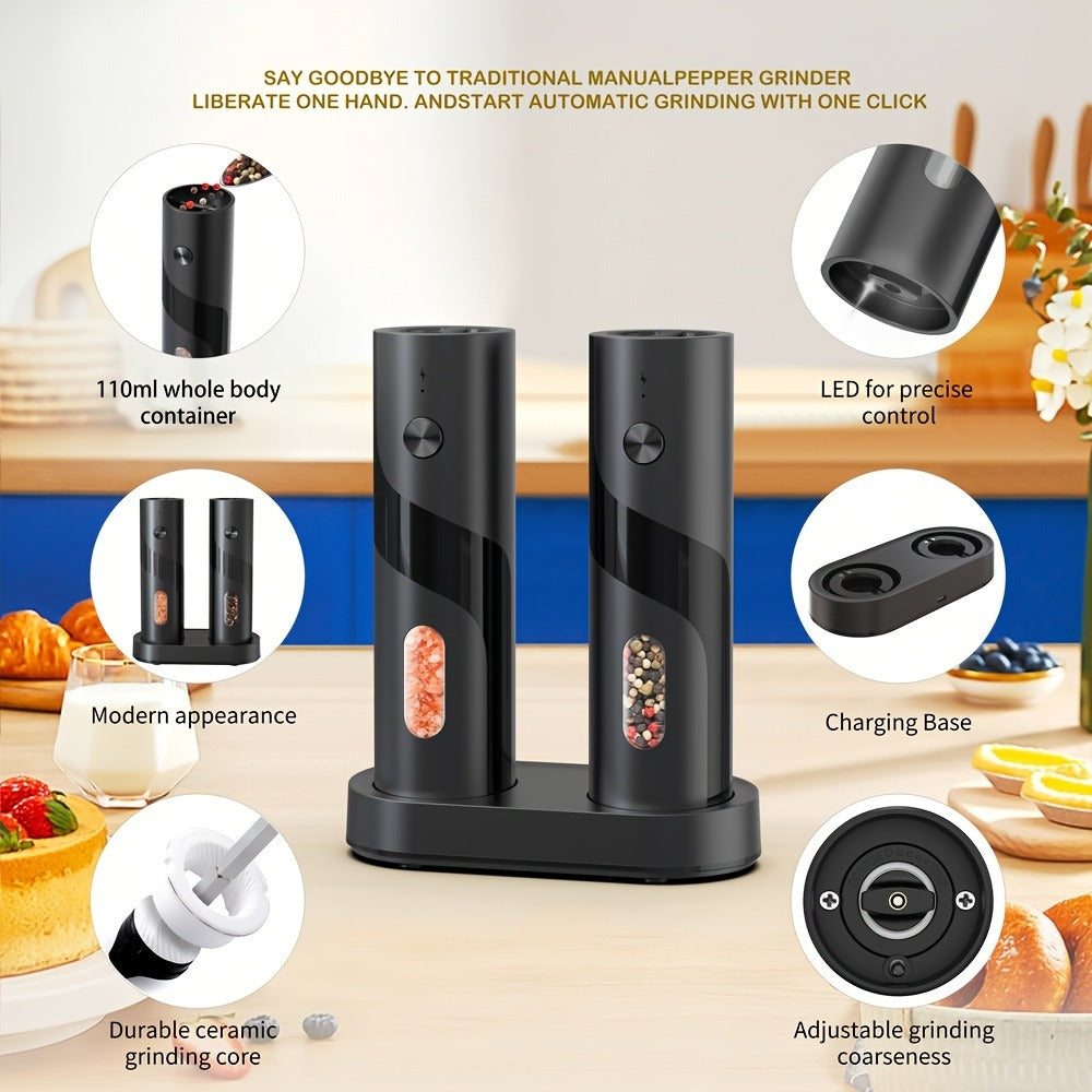 Electric Salt and Pepper Grinder Set with LED Light & Gravity Sensor ¨C USB Rechargeable, Top-Fill, Large Capacity Automatic Spice Mill ¨C 1 or 2 Pack Kitchen Gift Set