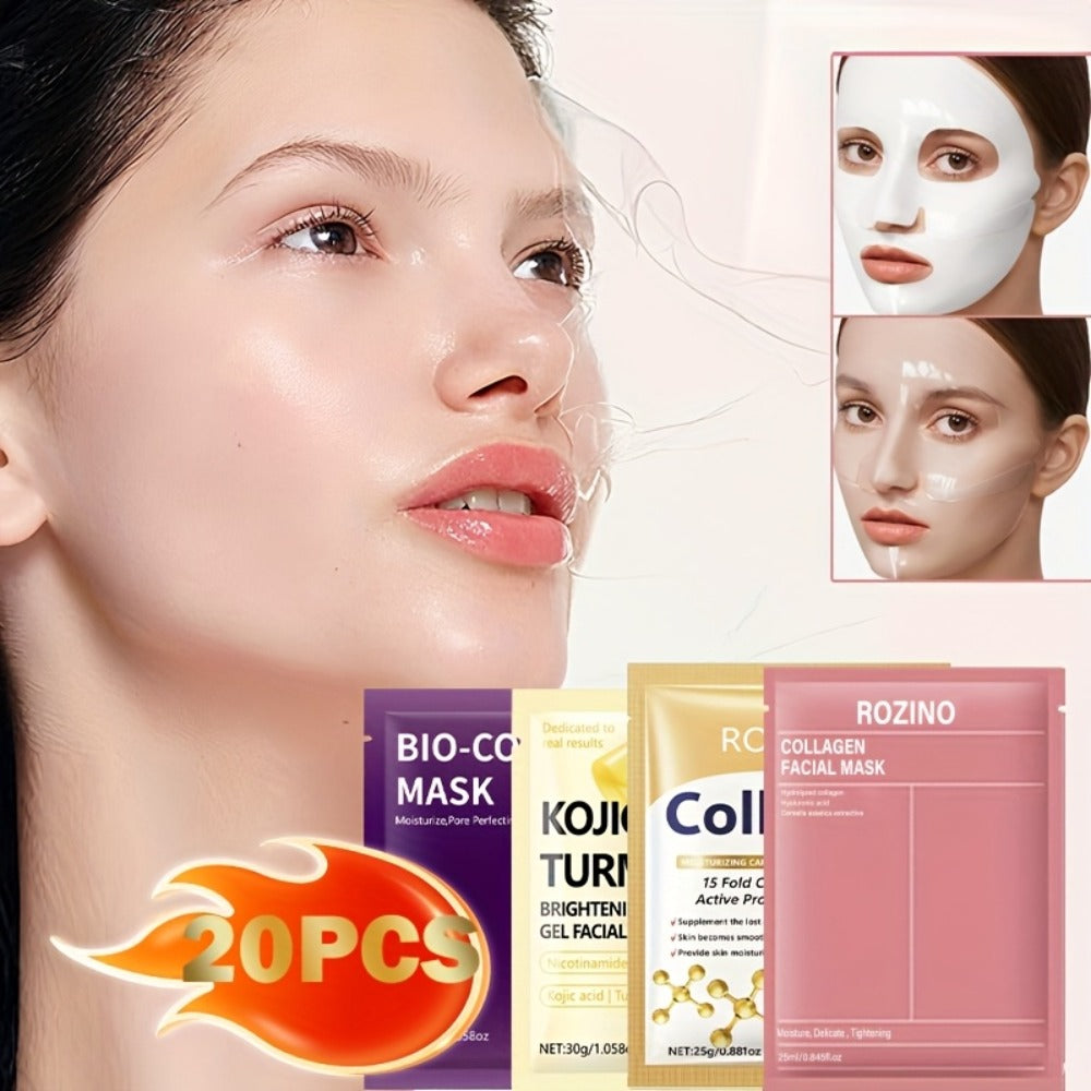 Bio-Collagen Powerful Moisturizing Face Mask Set 20pcs | Deep Hydration Anti-Aging Skincare for Dry Dull Sagging Skin | Facial Masks for Men and Women
