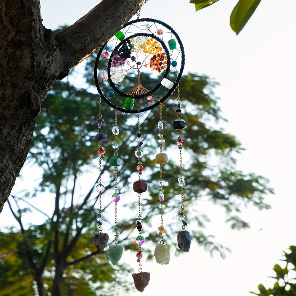 Crystal Wind Chime Suncatcher with Life Tree Pendant - Handmade Bohemian Shattered Stone Woven Hanging Decor for Outdoor Garden Window Porch, Christmas Wedding Birthday New Year Gift