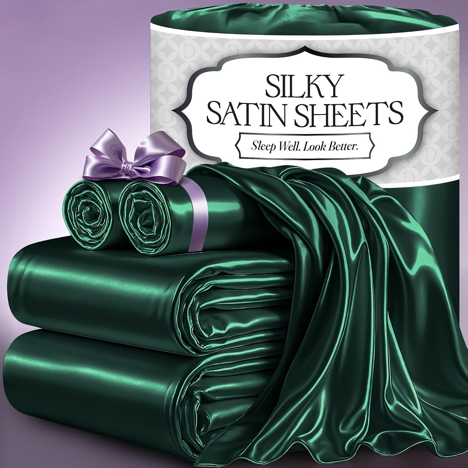 Satin Bed Sheet Set 4-Piece, Cooling Silky Soft Microfiber Sheets with Deep Pocket Fitted Sheet, Flat Sheet & 2 Pillowcases, Breathable Lightweight Bedding for Twin Full Queen King