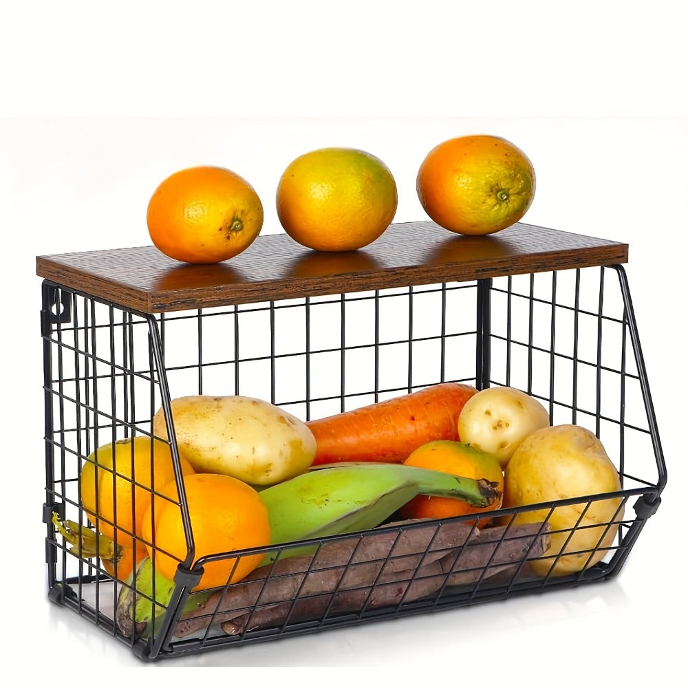Wall-Mounted Fruit Basket with Wooden Cover - 2-Tier Metal Kitchen Storage Basket with Hooks, Stackable Hanging Organizer for Potatoes Onions Vegetables