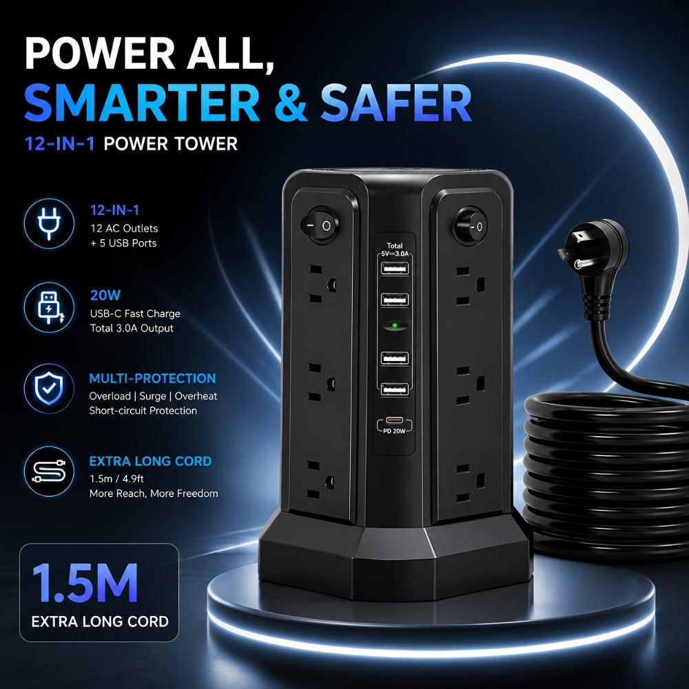 Power Strip Tower Surge Protector 16 AC Outlets 5 USB Ports PD20W USB-C Fast Charging Flat Plug Extension Cord 1500J Overload Protection Desktop Charging Station for Home Office Dorm