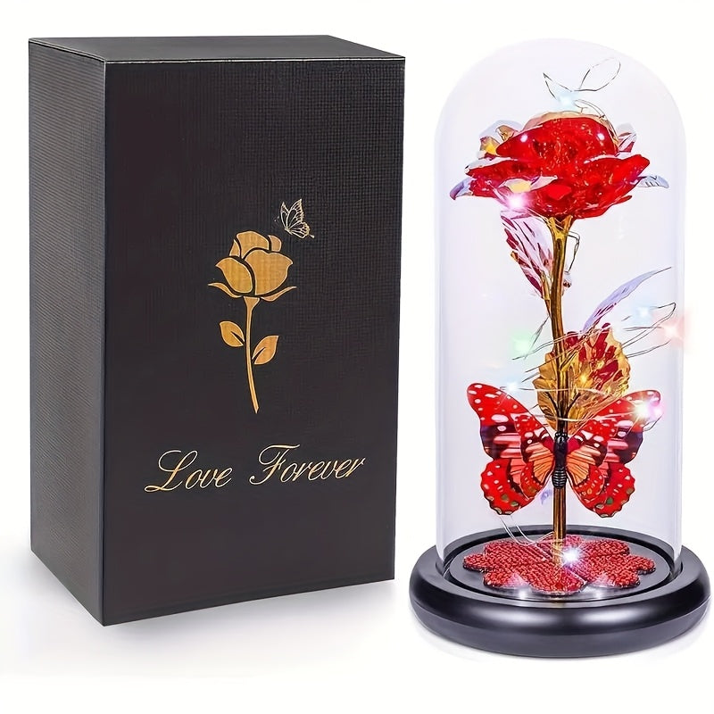 Glass Rose Crystal Flower in Glass Dome with LED Glow - Eternal Galaxy Rose Gift for Women, Mom, Wife, Daughter, Birthday Valentine's Day Mother's Day Gift, Butterfly Decor