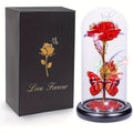 Glass Rose Crystal Flower in Glass Dome with LED Glow - Eternal Galaxy Rose Gift for Women, Mom, Wife, Daughter, Birthday Valentine's Day Mother's Day Gift, Butterfly Decor