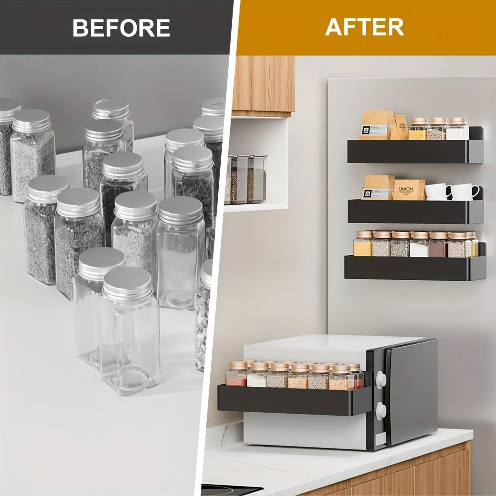 Magnetic Spice Rack for Refrigerator Wall Mounted Large Capacity Spice Organizer - Multifunctional Kitchen Storage Rack with Polished Finish, Easy Clean, Space Saving Fridge Spice Holder Black White