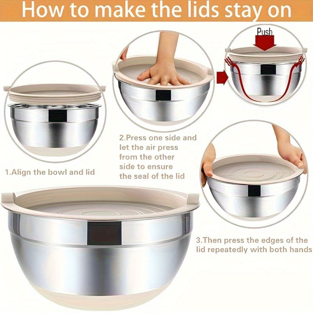 Stainless Steel Mixing Bowls with Airtight Lids 26pcs Set, 3 Grater Attachments, Non-Slip Bottoms, 7Qt 4Qt 2.5Qt 2Qt 1.5Qt 1Qt, Nesting Bowls for Mixing Serving Salad Baking