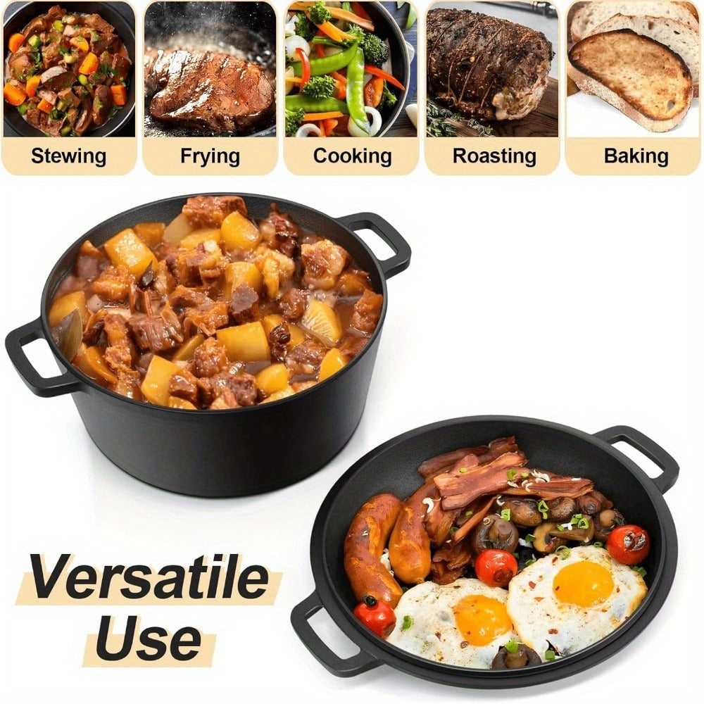 Cast Iron Dutch Oven 5 Quart Pre-Seasoned with Skillet Lid | 2-in-1 Non-Stick Crock Pot with Handles for Braising, Roasting & Casserole ¨C All-in-One Cookware, Black