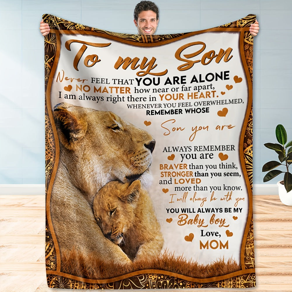 Flannel Throw Blanket with Lion Design & Inspirational Quote - Soft Cozy Knit Polyester, Heartfelt Gift for Son from Mom, Warm Home Decor Blanket