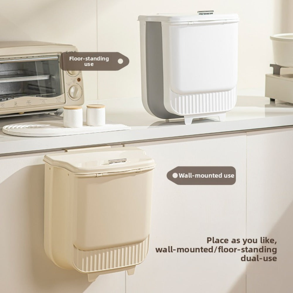 Collapsible Trash Can with Lid Wall Mounted Cabinet Door Hanging Waste Bin 1.85 Gallon Kitchen Bathroom Odor Control Space Saving Garbage Can