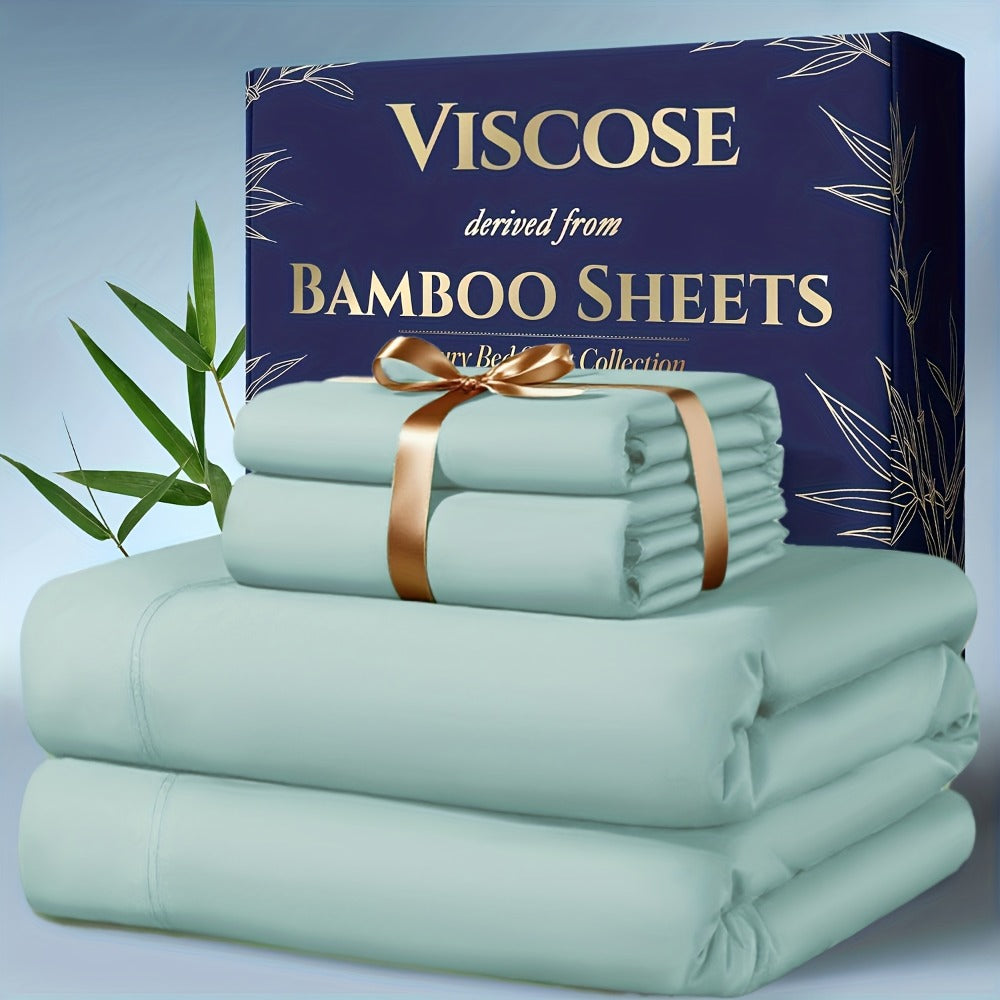 Bamboo Cooling Bedding Set 4pcs - Deep Pocket Fitted Sheet, Flat Sheet & Pillowcases for Hot Sleepers, Breathable Soft Viscose Sheets Twin Full Queen King