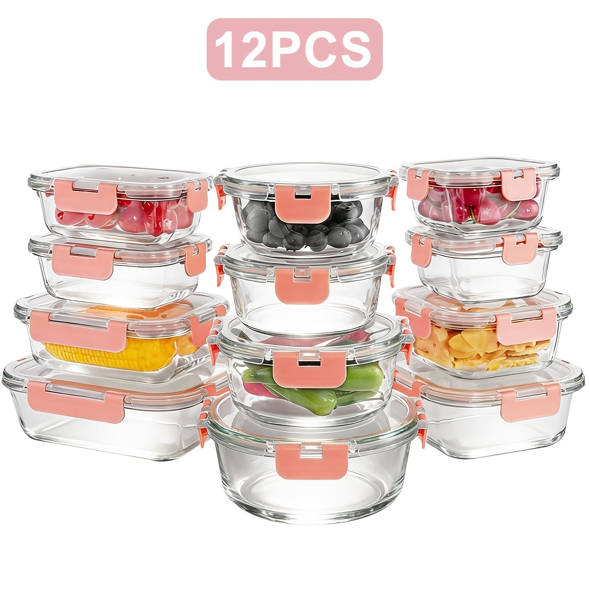 Glass Food Storage Containers with Lids Set of 12, Airtight Leak-Proof Meal Prep Containers, Microwave Oven Freezer Dishwasher Safe Bento Boxes for Pantry Kitchen Organization