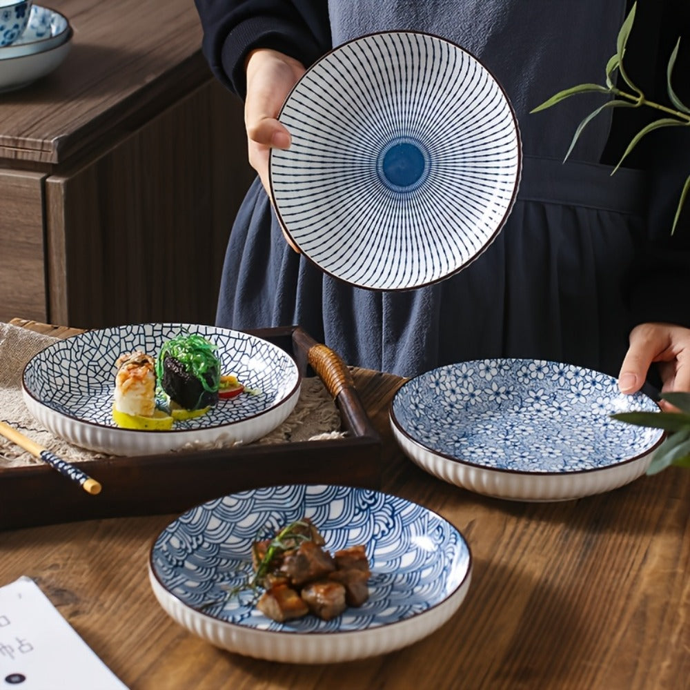 Blue White Ceramic Plates Set of 4 Round Shallow Serving Plates for Pasta Salad Bread Desserts - Holiday Dinnerware for Christmas Easter Thanksgiving Table Settings, Easy to Clean Dishwasher Safe