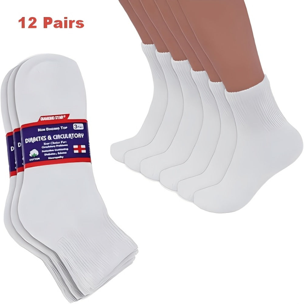Diabetic Socks 12 Pairs Non Binding Low Cut Cushioned Seamless Loose Fit Ankle Socks for Men Women Edema Neuropathy Wide Toe Box White Black Brown Grey Khaki Navy