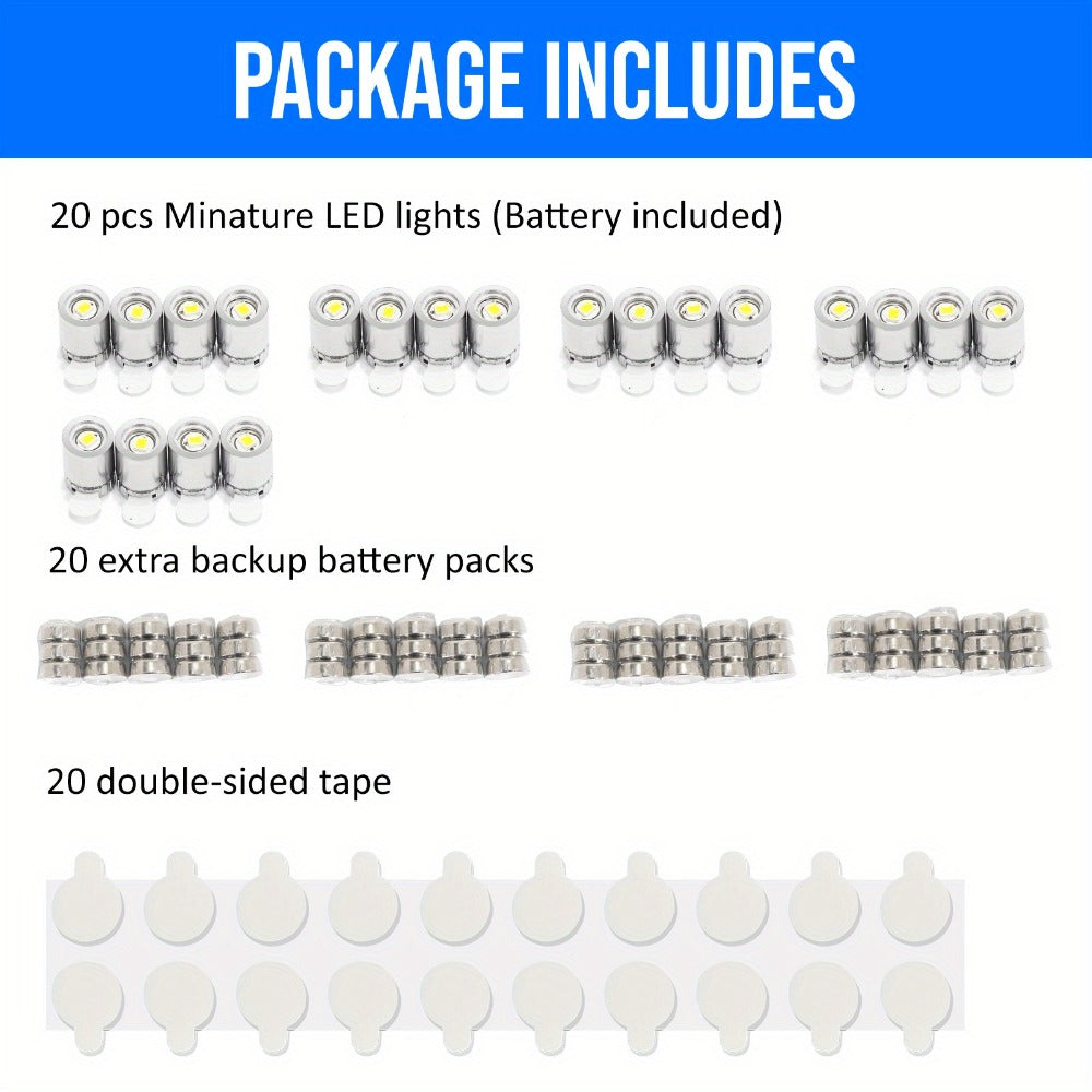 Mini Spotlight Battery Operated LED 20 Pack - Cordless Miniature Spot Lights for Artwork, Paintings, Jewelry, Display Cases, Handicrafts, Models & Puzzles (Green / Red / RGB / Blue)