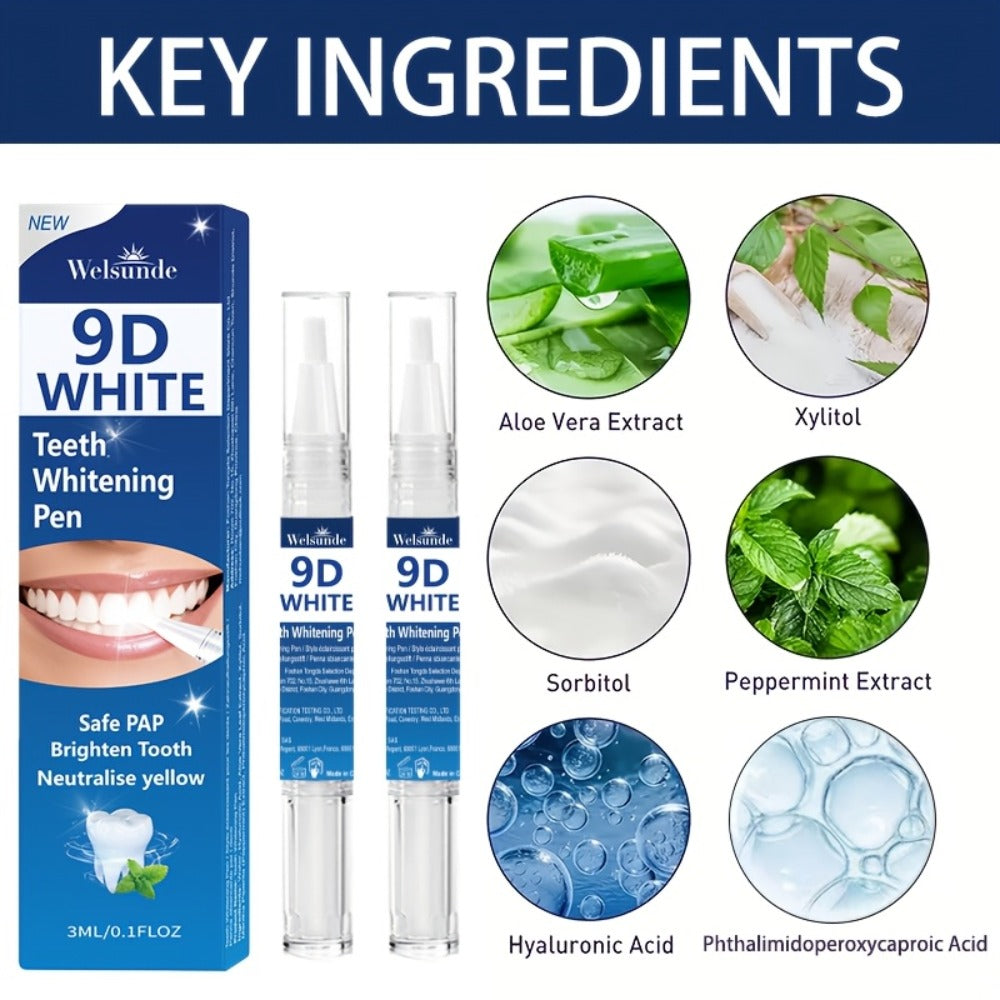 Teeth Whitening Pen 2pcs 9D Powerful Whitening Neutralize Yellow Stains Brighten Teeth Gum Care No Rinse Easy Application for Home Travel Oral Care