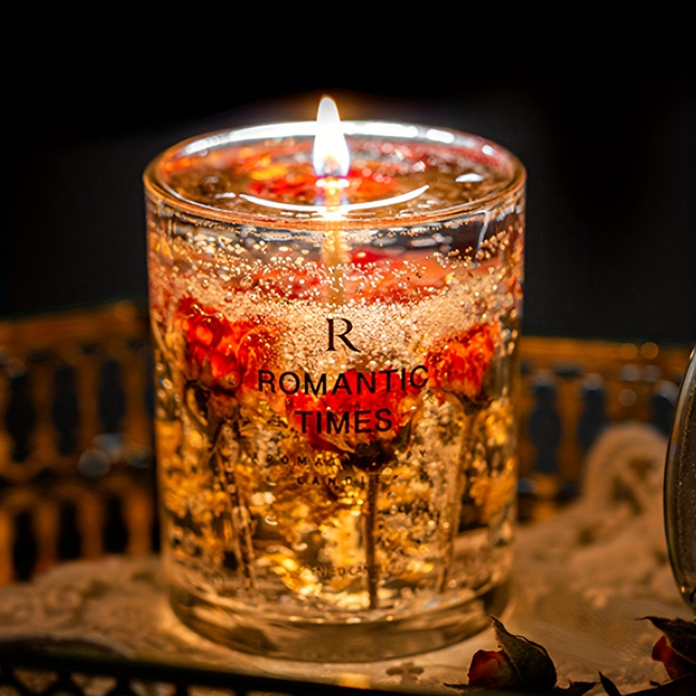 Soy Candle with Real Flowers 7.4oz Essential Oils 50-Hour Burn Floral Scented Elegant Glass Jar Velvet Rose Lavender Orange for Home Decor Relaxation Gift