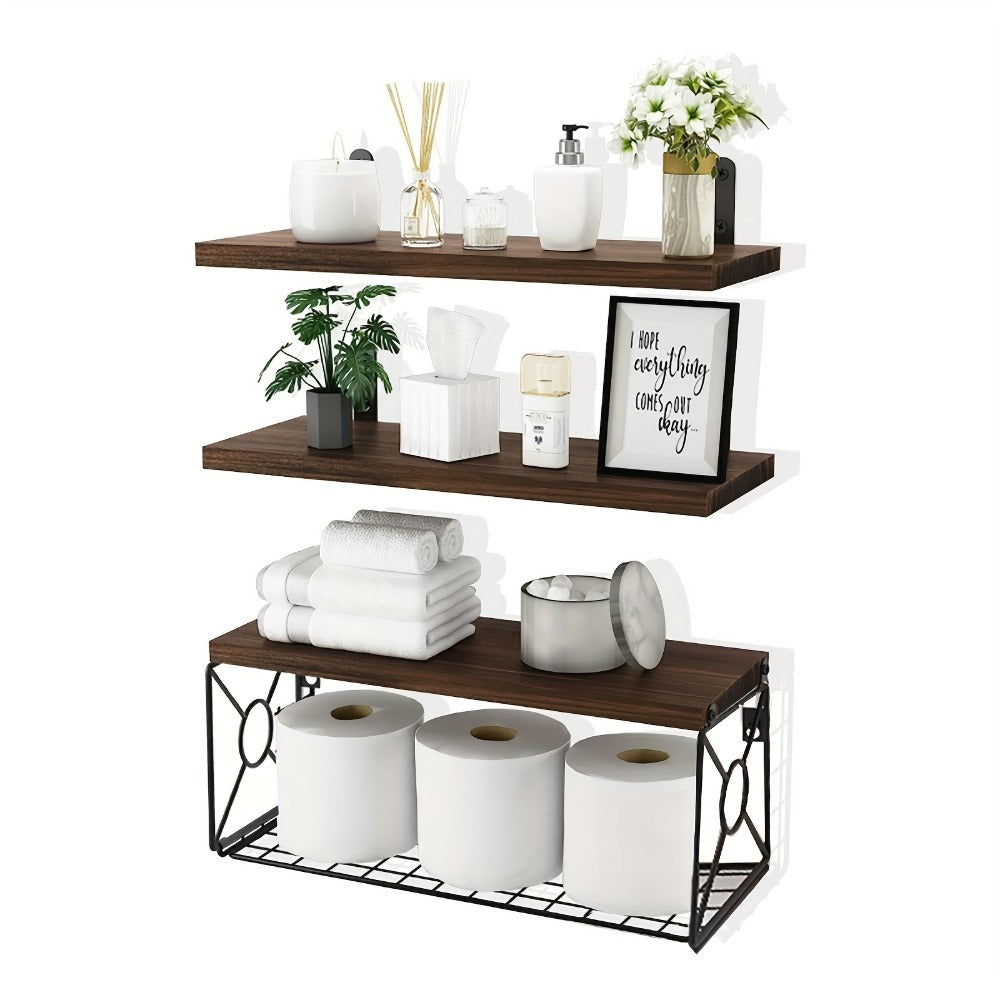 Floating Shelves Over Toilet 3-Piece Set | Farmhouse Bathroom Wall Mounted Storage Shelf for Toilet Paper, Towels & Decor ¨C Black, Brown, Burlywood
