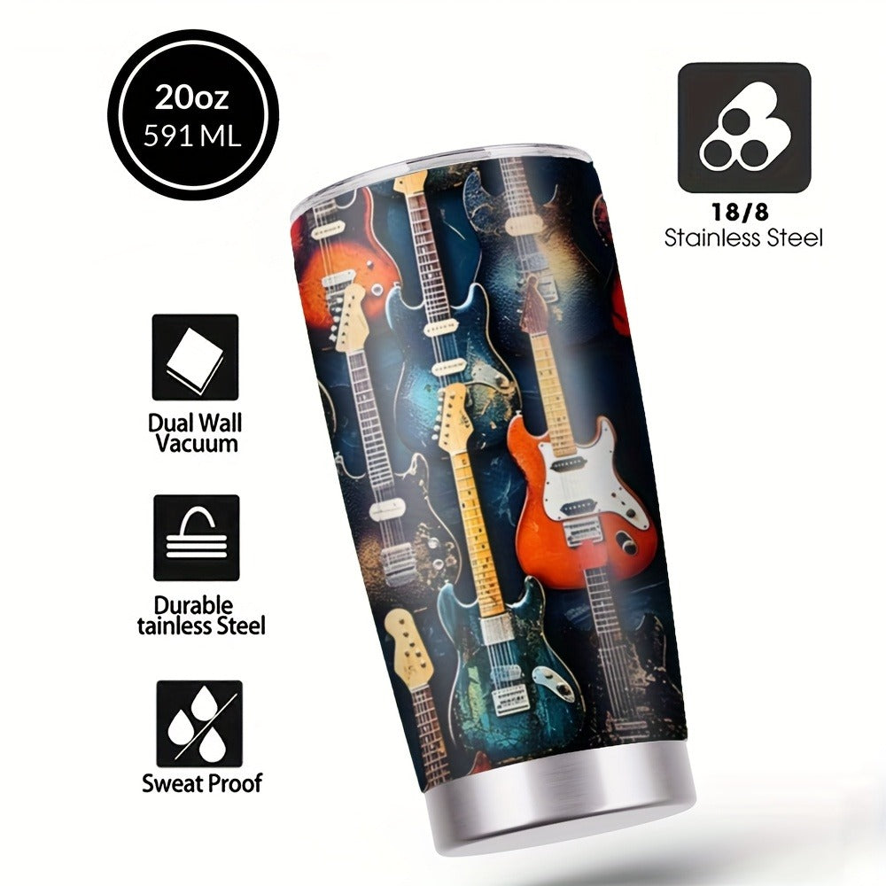 Insulated Tumbler 20oz Guitar Pattern Stainless Steel Travel Mug with Lid and Straw Double Wall Vacuum Coffee Cup Water Bottle for Hot Cold Drinks Gift for Music Lover Birthday Graduation Valentine White