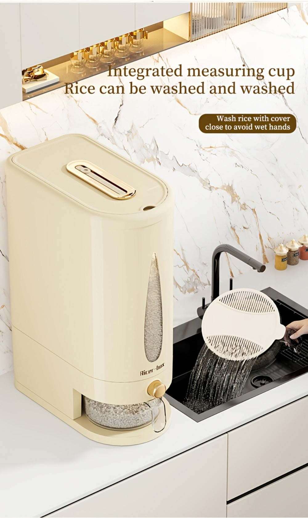 Rice Dispenser Storage Container Press Type Measuring Cup Moisture-Proof Sealed Grain Bin - Large Capacity Airtight Rice Storage Box for Rice Coffee Beans Flour Legumes Pet Food Kitchen Pantry Organizer