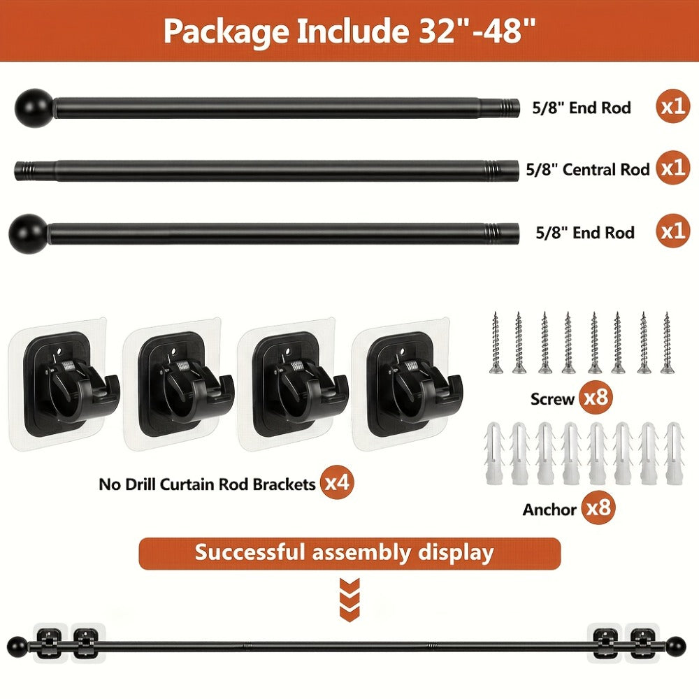No-Drill Curtain Rod Set with Adhesive Brackets Renter Friendly 5/8 Inch Adjustable Window Drapery Pole for Bedroom Living Room Apartment Dorm Black Gold White 32-128 Inch
