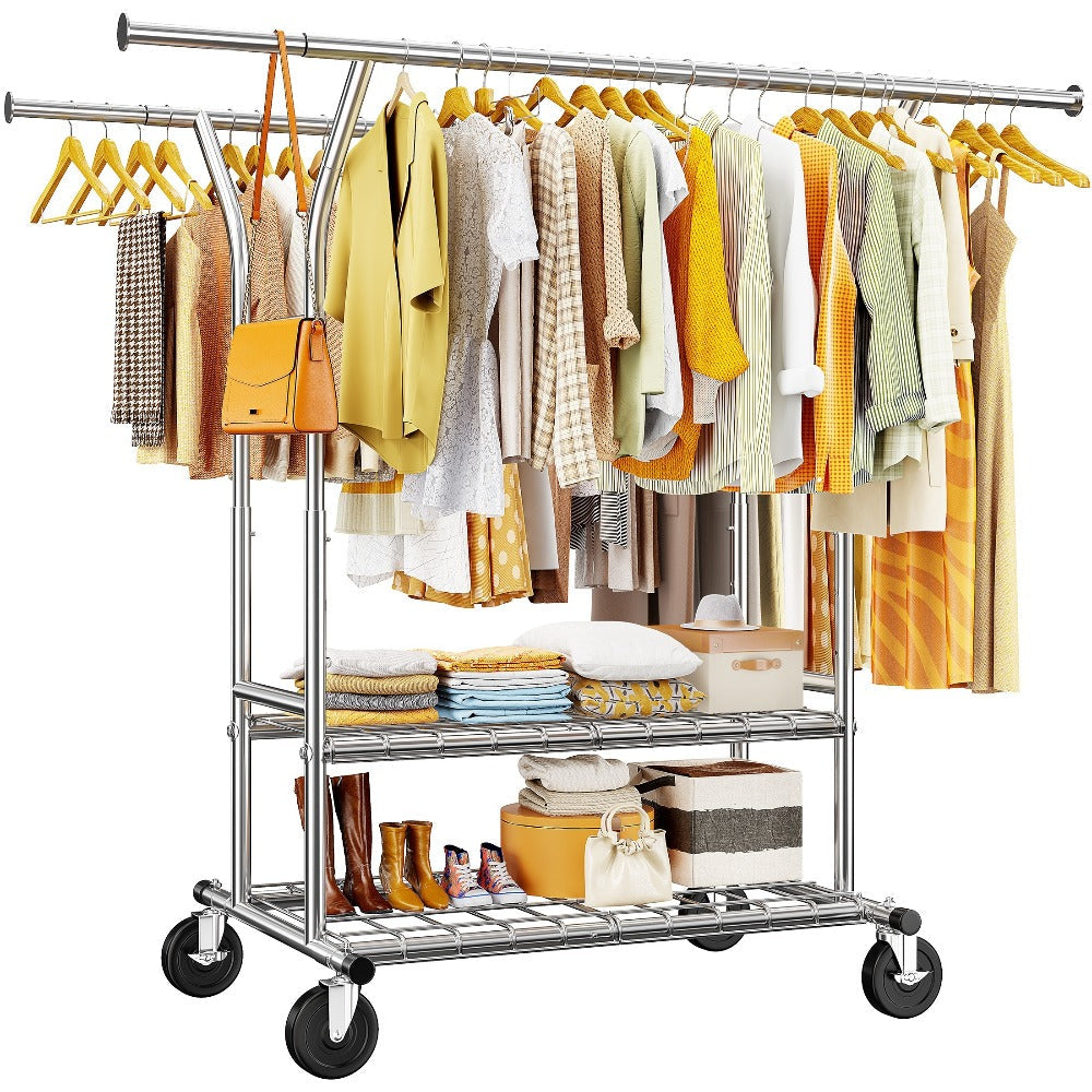 Heavy Duty Clothes Rack 630lbs Double Rod Rolling Garment Rack with Wheels Adjustable Height Width Freestanding Portable Clothing Stand with Bottom Shelves for Bedroom Closet Laundry Room Silver