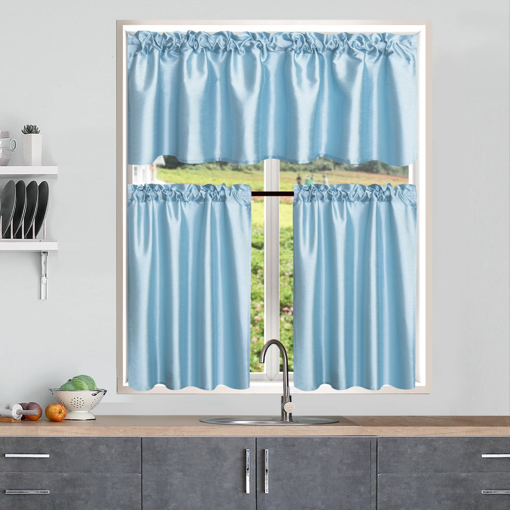 Kitchen Curtains 3 Panels Faux Silk Sheer Tier and Valance Set Rod Pocket 2 Tiers 26x36 inch + Valance 52x14 inch for Kitchen Bathroom Window Drapes