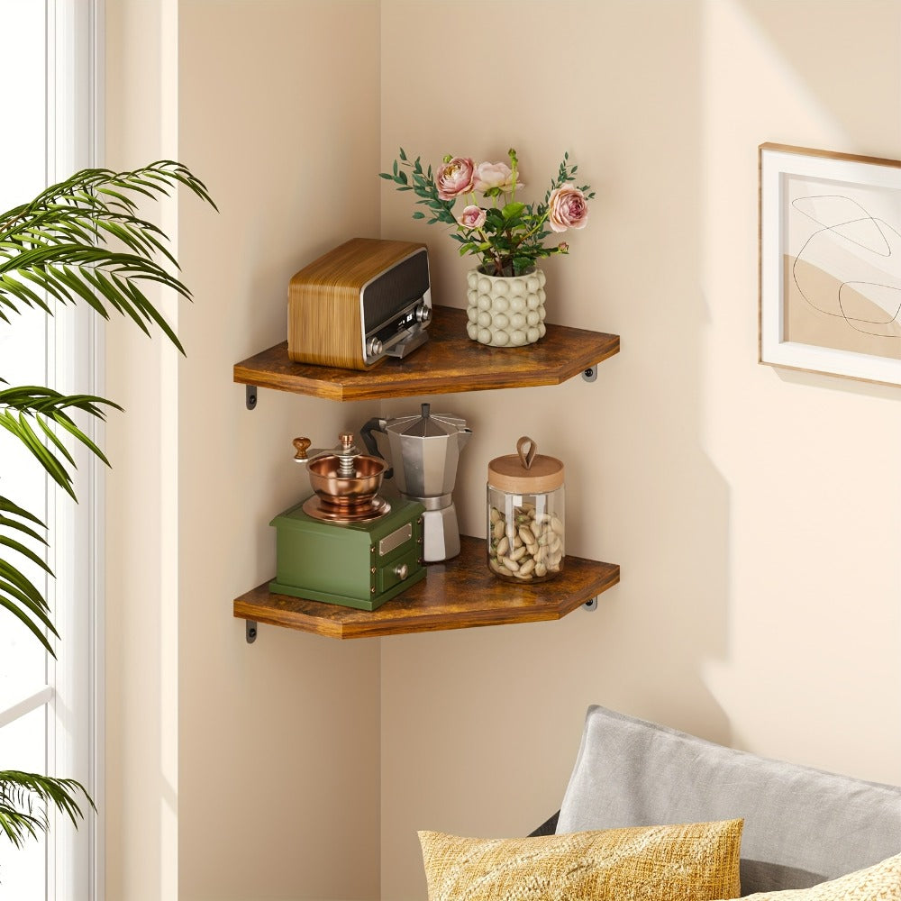 Floating Corner Wall Shelf 5-Sided Wall Mounted Storage Rack - Modern Display Unit for Bathroom, Kitchen, Bedroom & Living Room - Set of 2, 4 or 6 in Brown, Black or White