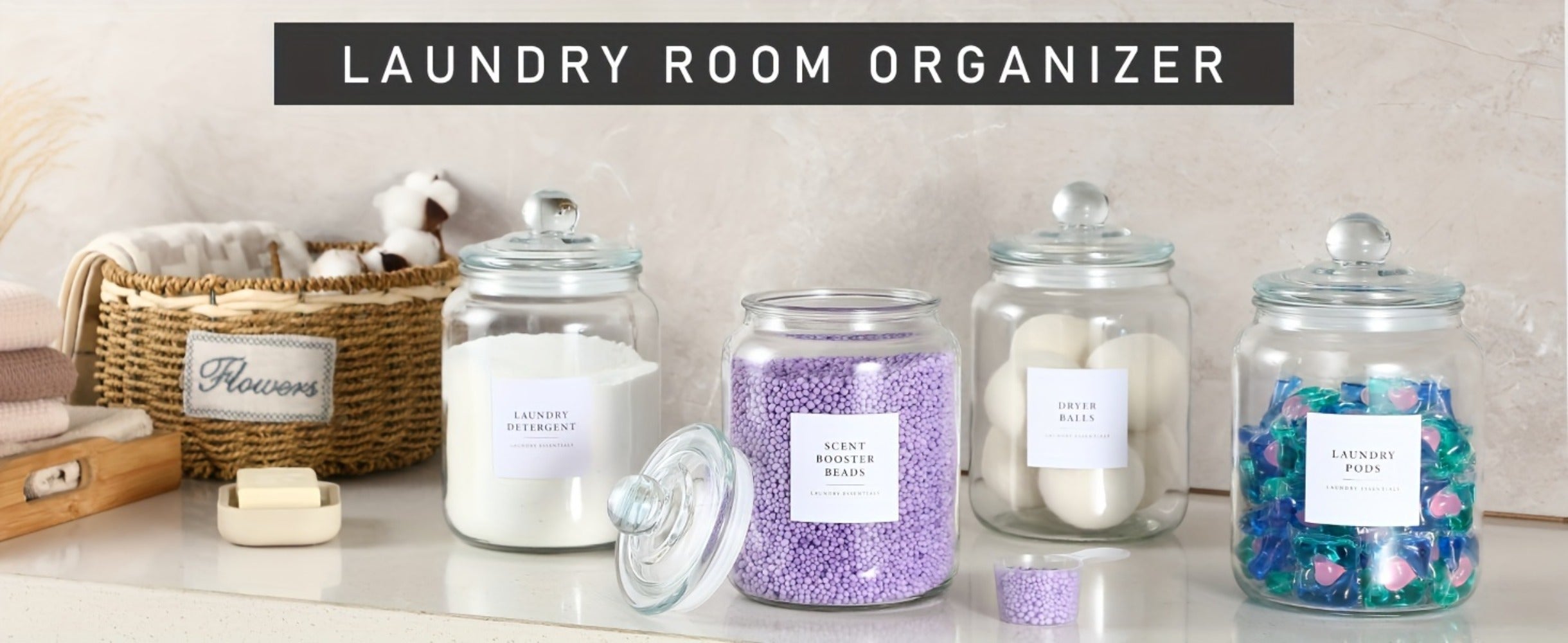 Airtight Glass Jars with Lids Labels and Spoons Half Gallon Storage Canisters for Laundry Detergent Pods Scent Booster Beads Kitchen Pantry Organization Food Safe Wide Mouth 1 2 3 4 Pack