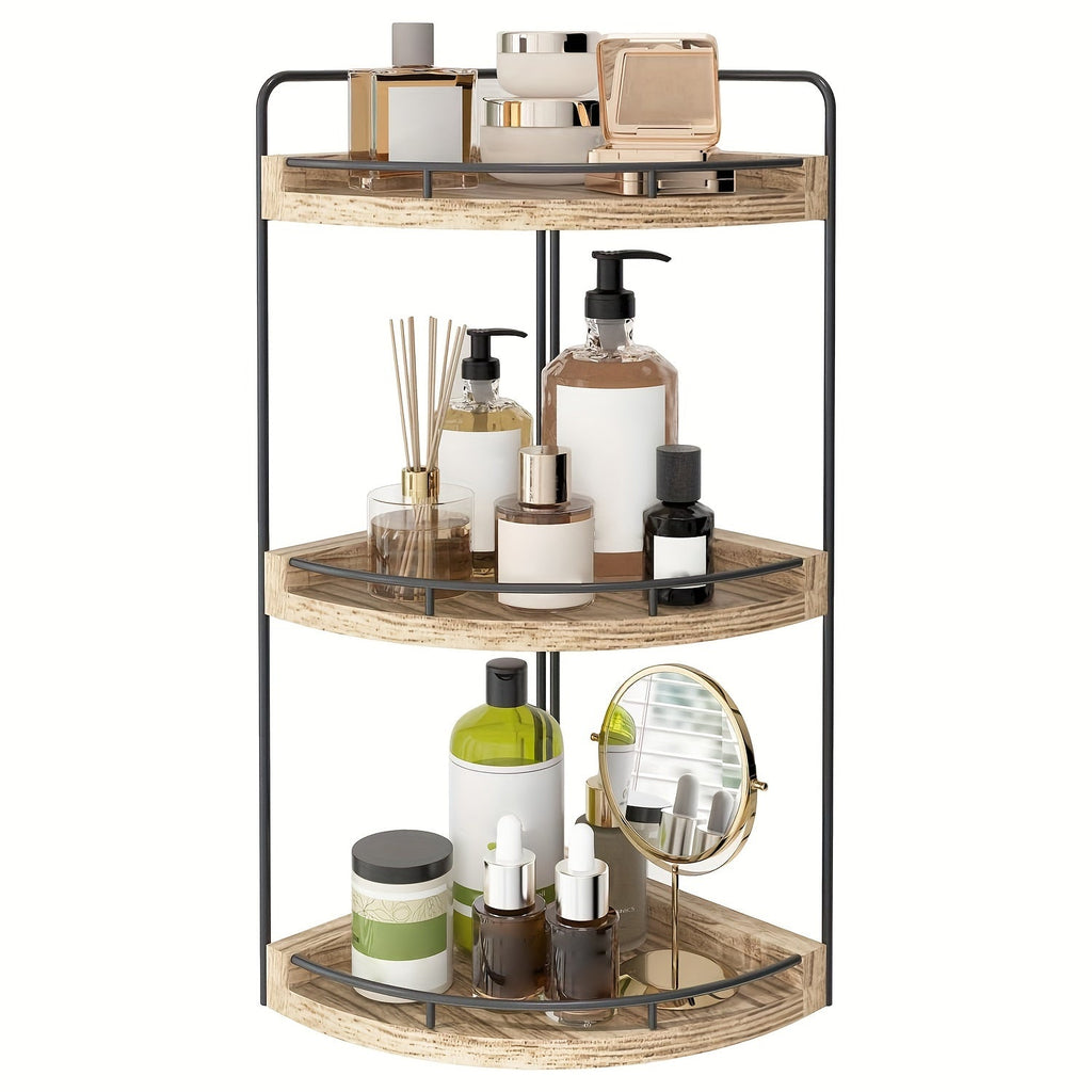 3-Layer Rustic Corner Countertop Storage Rack ¨C 16.93¡± Wooden Vanity Organizer & Space-Saving Shelf for Bathroom, Kitchen & Bedroom ¨C Farmhouse Corner Shelf for Countertop Display & Organization