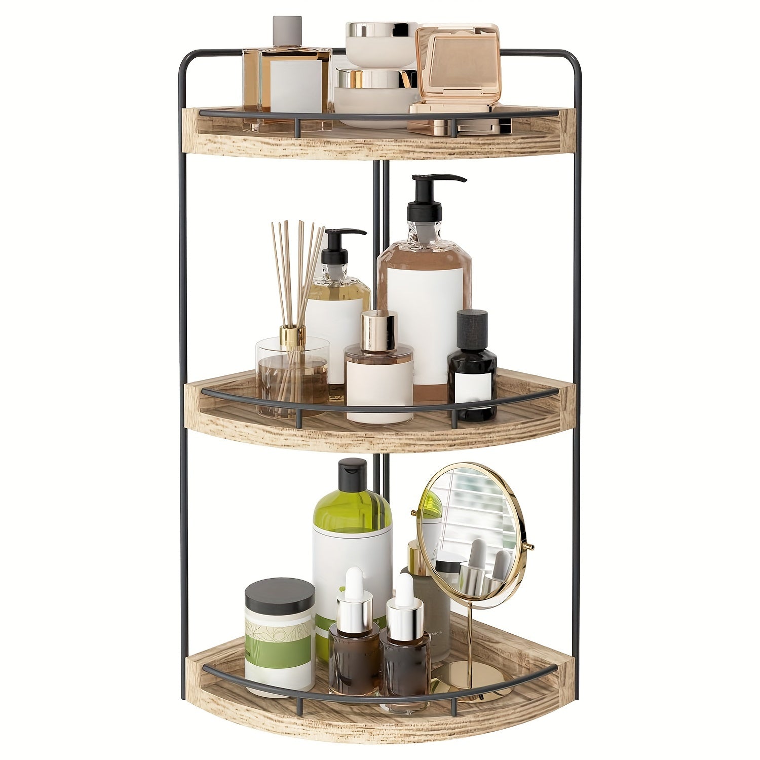 3-Layer Rustic Corner Countertop Storage Rack ¨C 16.93¡± Wooden Vanity Organizer & Space-Saving Shelf for Bathroom, Kitchen & Bedroom ¨C Farmhouse Corner Shelf for Countertop Display & Organization