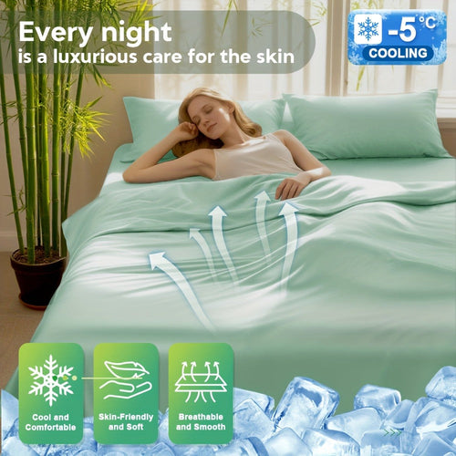 Bamboo Blend Bed Sheet Set 6pcs ¨C Flat Sheet, Fitted Sheet & 4 Pillowcases, Ultra Soft Lyocell Viscose Breathable Bedding for Hot Sleepers, Deep Pocket Twin Full Queen King, 11 Colors