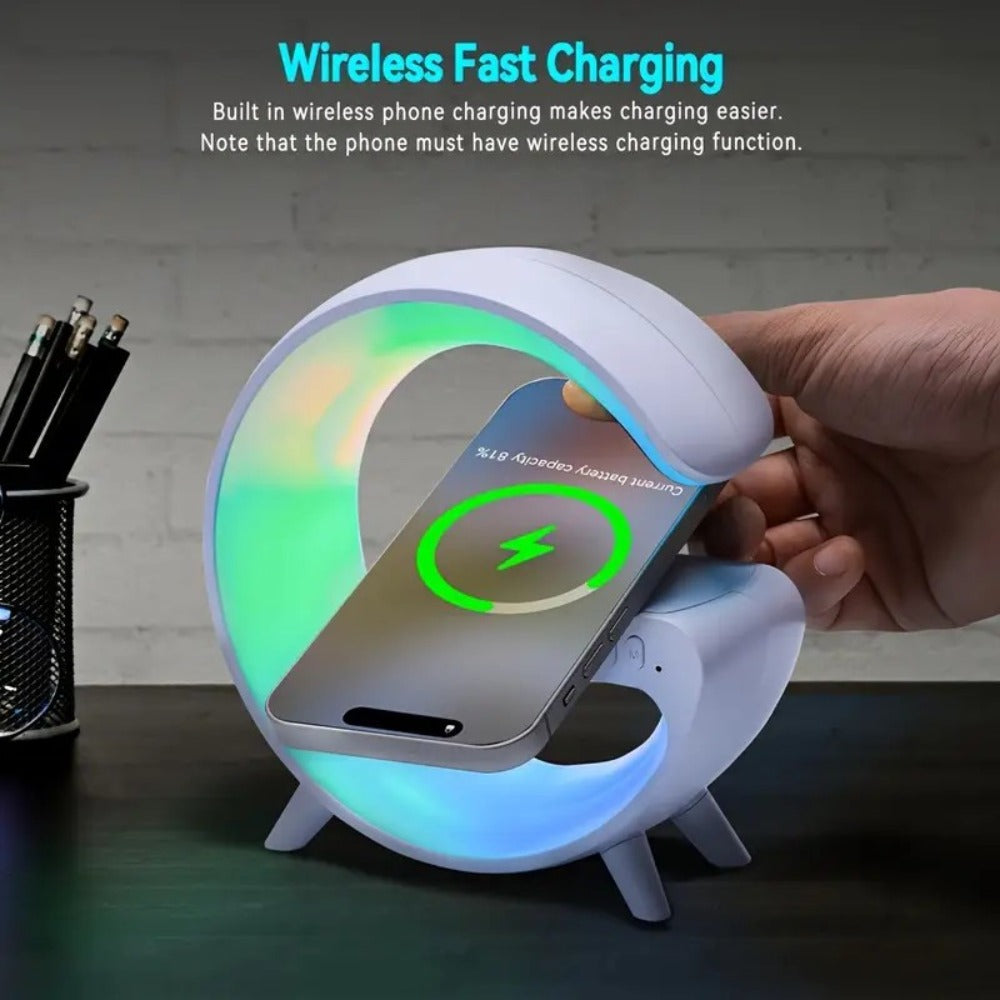 Wireless Charger with RGB Night Light ¨C 4-in-1 Bluetooth Speaker Alarm Clock Wake Up Light, 256 RGB Colors, Qi Fast Charging for iPhone Samsung, Bedside Nightstand Lamp