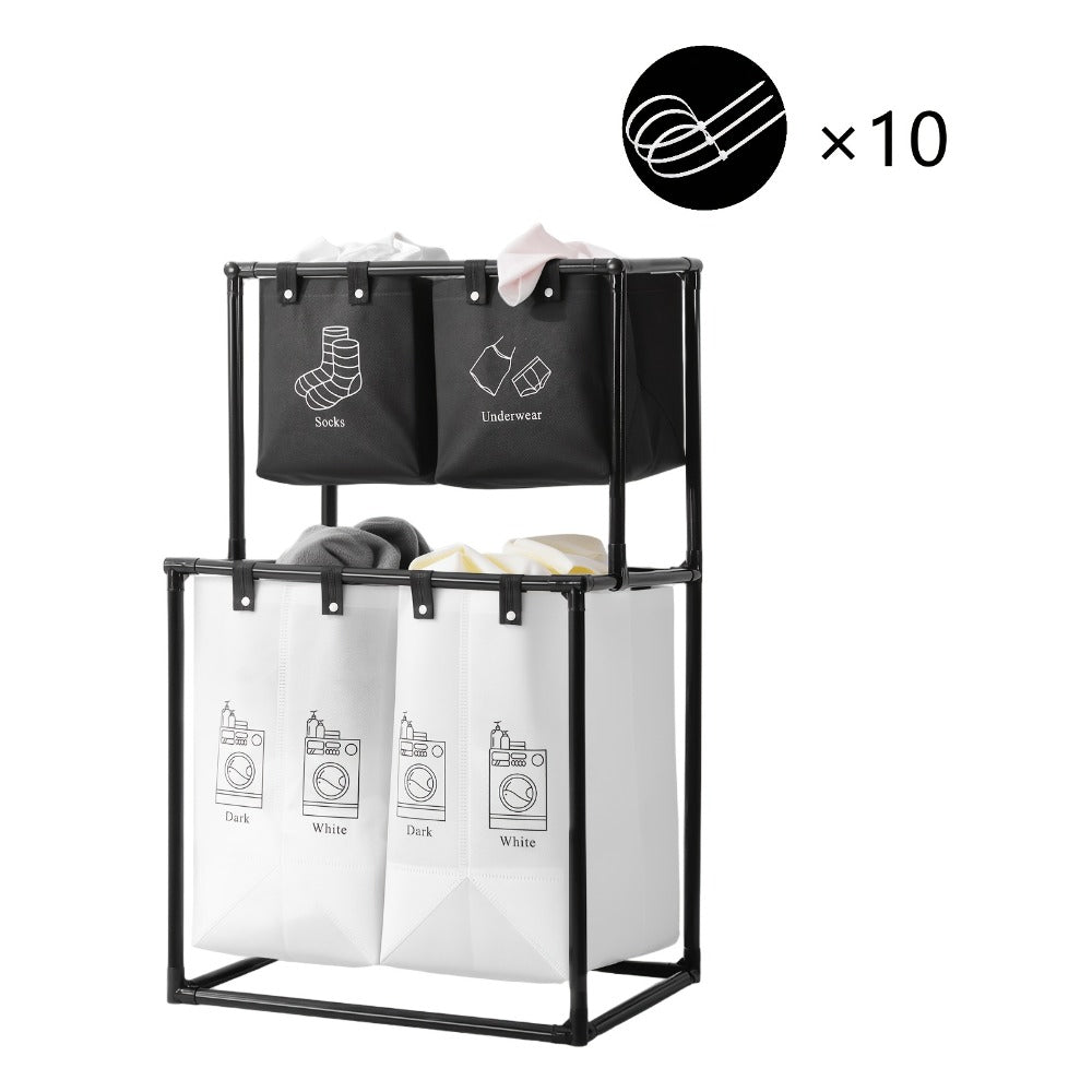 Laundry Sorter 2-Tier with Removable Bins - Collapsible Clothes Hamper Oxford Fabric Double Laundry Basket for Bedroom Bathroom Kids Adults Dorm Travel with 10 Cable Ties