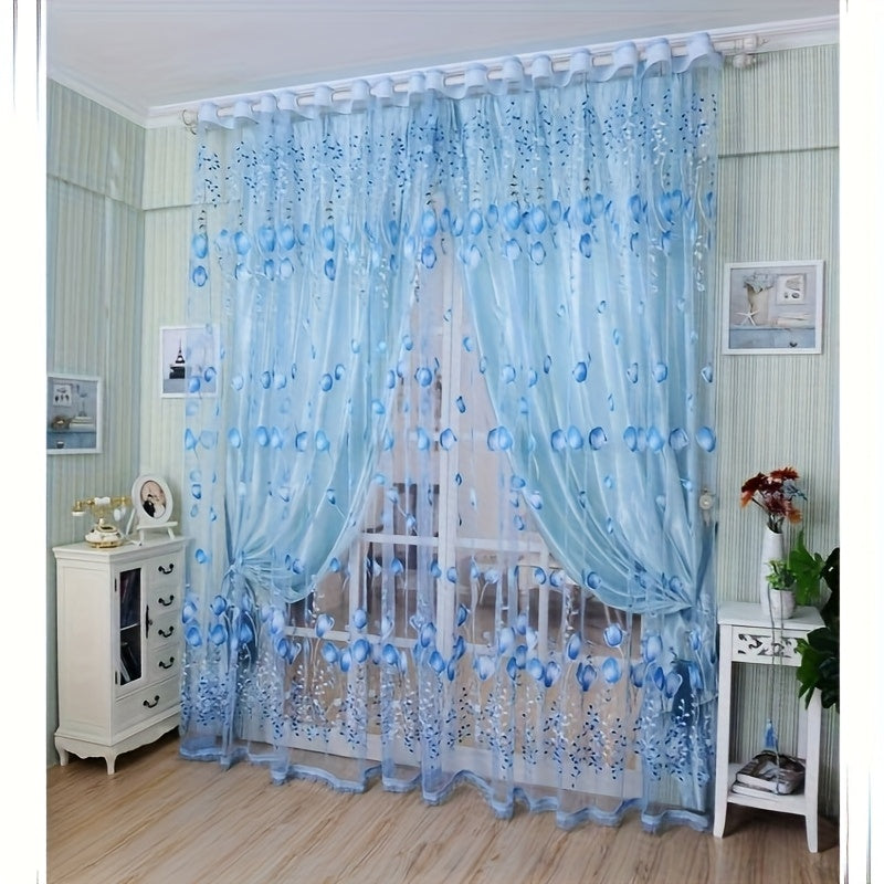 Sheer Tulip Curtains 79 Inch Length - 2 Panels Set Spring Flower Print Chiffon Window Drapes for Living Room Bedroom Balcony Rod Pocket