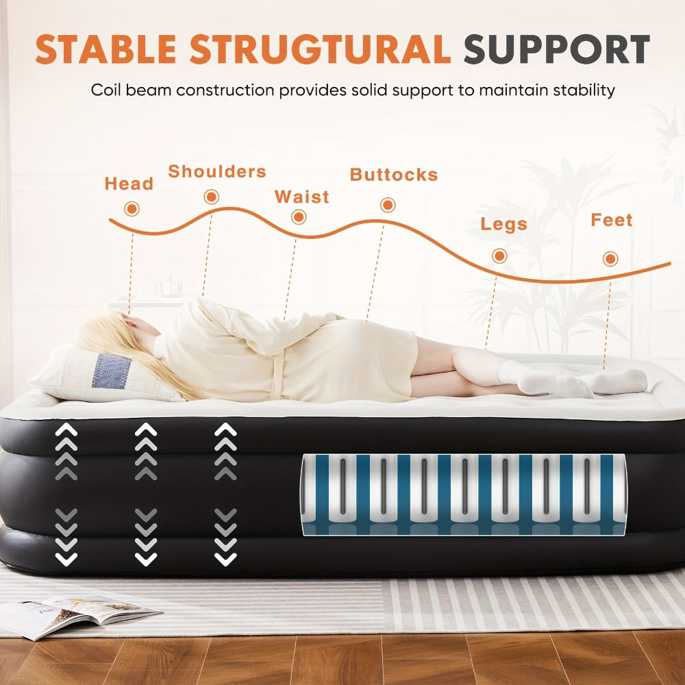 Air Mattress with Coil Beam Support | 660 lbs Capacity Plush Velvety Top Non-Slip Bottom - Guest Bed Inflatable Mattress for Camping & Home, Multiple Sizes & Heights, Stable on Floors & Carpets