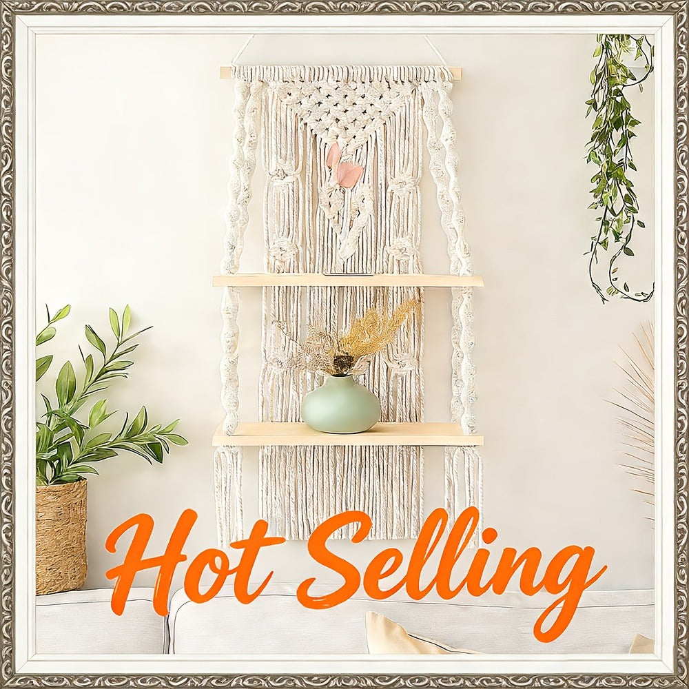 Macrame Wall Hanging with Tassel, Boho Woven Wall Decor for Living Room Bedroom Balcony, Two-Layer Lace Plant Hanger for Photo Frames & Small Plants ¨C Bohemian Home Decor Wall Art