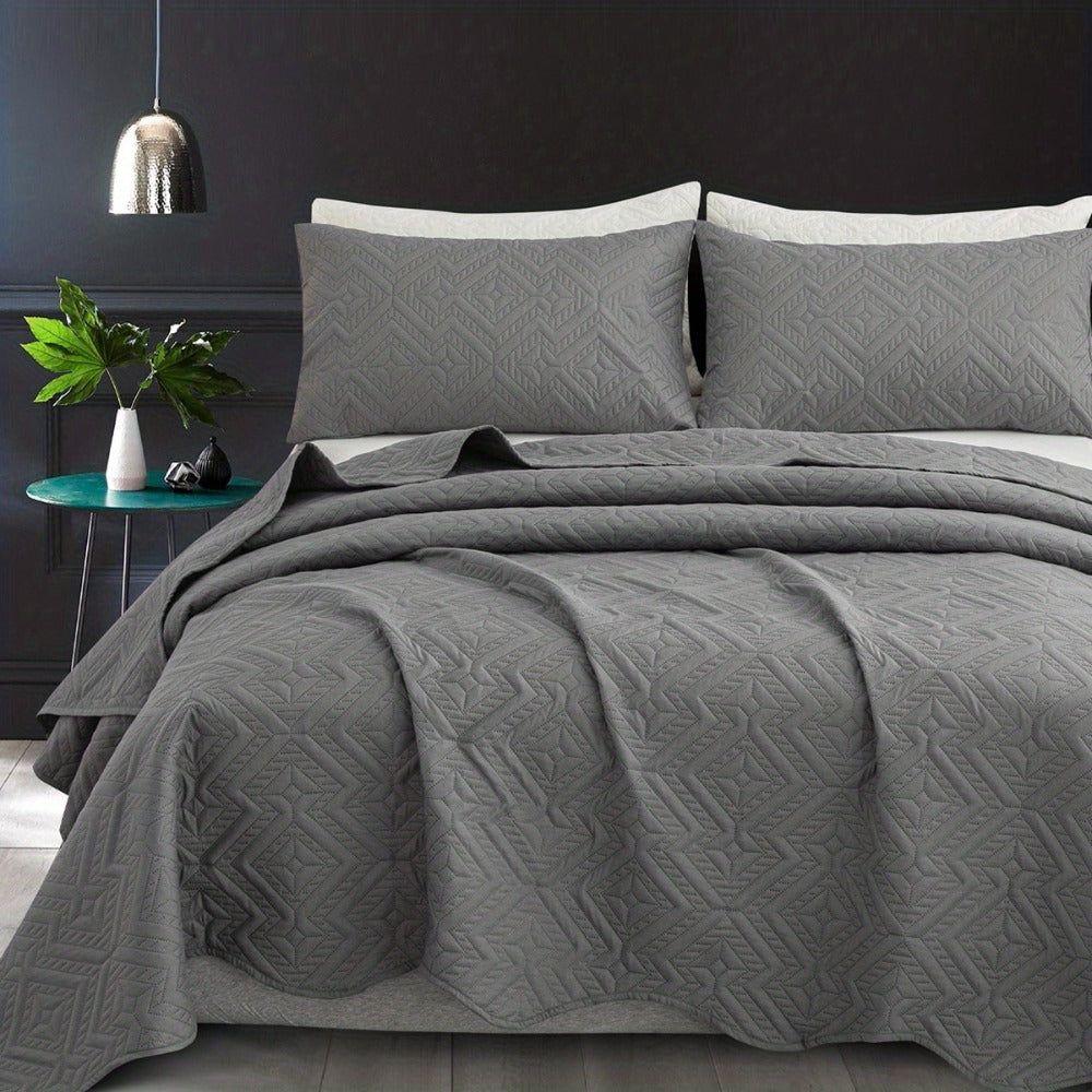 Bedspread Set 3 Piece Striped Rhombus Pattern Soft Breathable Bed Cover with 2 Pillowcases Lightweight Comforter Alternative Bedding Set for Bedroom Dorm Room