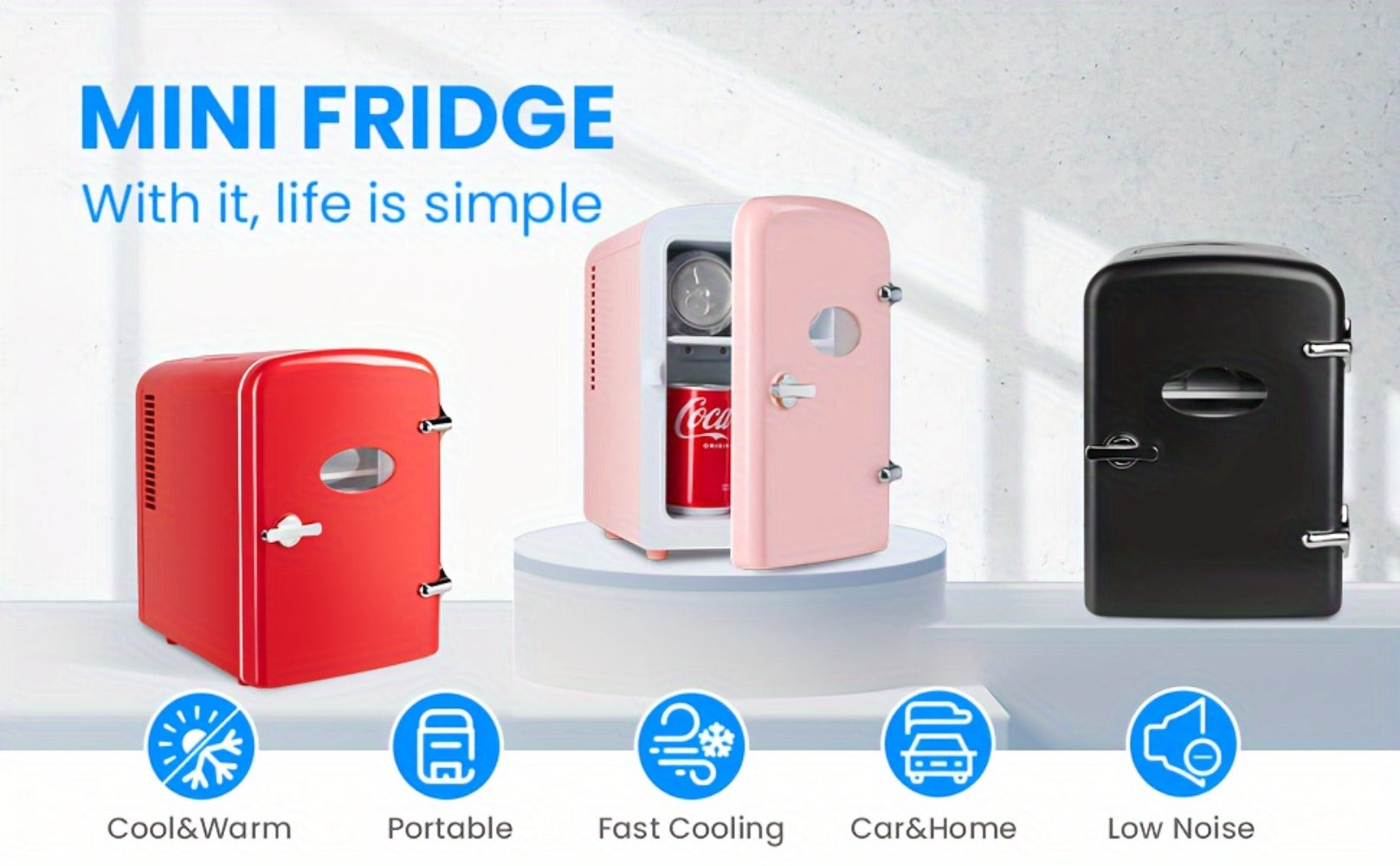 Aesthetic Mini Fridge 4 Liter with Stickers - Portable Cooler and Warmer for 6 Cans, AC/DC Compact Refrigerator for Bedroom, Office, Dorm & Car, Cute Mini Fridge Gift for Friends, Black Pink Red