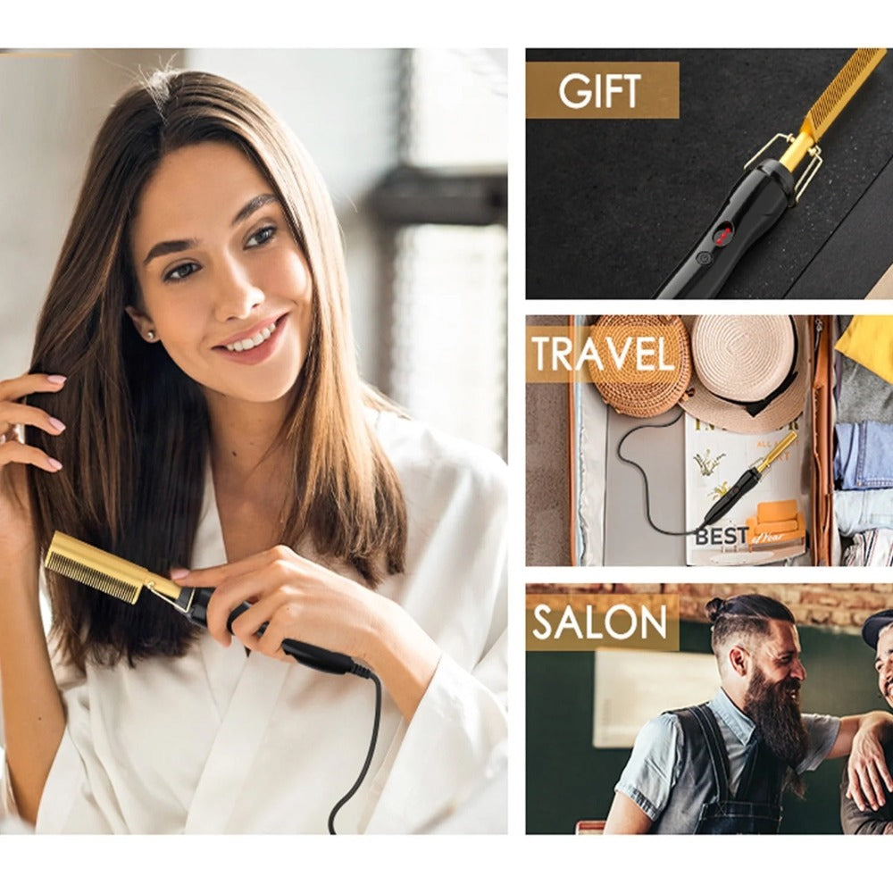 Electric Hot Comb Hair Straightener ¨C 3-in-1 Ceramic Pressing Comb for Natural Hair, Beard & Wigs, Curling & Straightening Iron with Protective Holder, Bonus 2 Clips & 1 Comb, Gift Ready