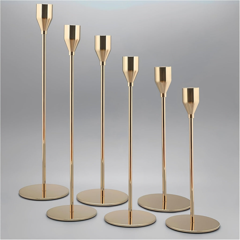 Taper Candlestick Holders Set of 6 - Decorative Metal Candle Holder Stand for Home Decor Wedding Dining Table Centerpiece Party Anniversary Event, Gold Rose Gold Black (Candles Not Included)