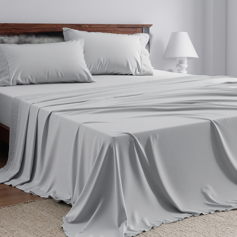 Bed Sheet Set 4-Piece Soft Breathable Cooling Sheets - Flat Sheet, Fitted Sheet & 2 Pillowcases, Wrinkle-Free Hotel Luxury Bedding, All Season Comfort