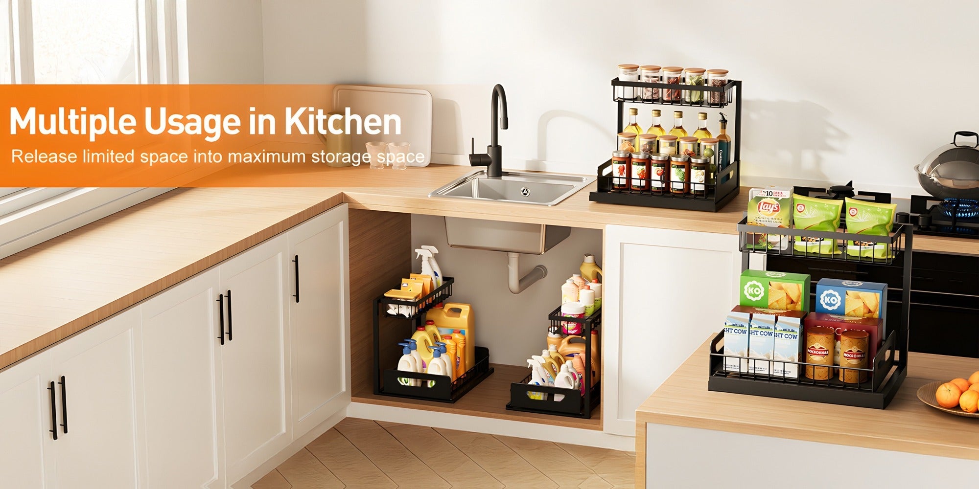 2-Tier Pull-Out Cabinet Organizer Metal Sliding Drawer, Kitchen Sink Storage Container for Bathroom Tabletop Study, Push-Pull Stackable Organizer for Kitchen Bathroom Cabinet