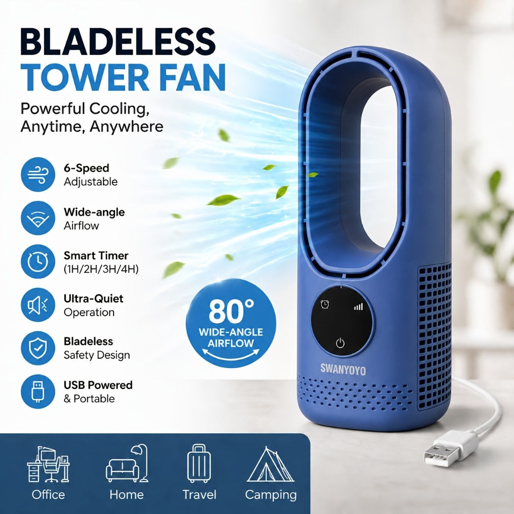 Portable Bladeless Fan USB Tower Fan, Desktop Air Conditioner Fan with Water Mist Cooling, Remote Control, Touch Screen, 7-Color LED Ambient Light and Timer, Personal Cooling Fan for Office, Travel, Camping, Home