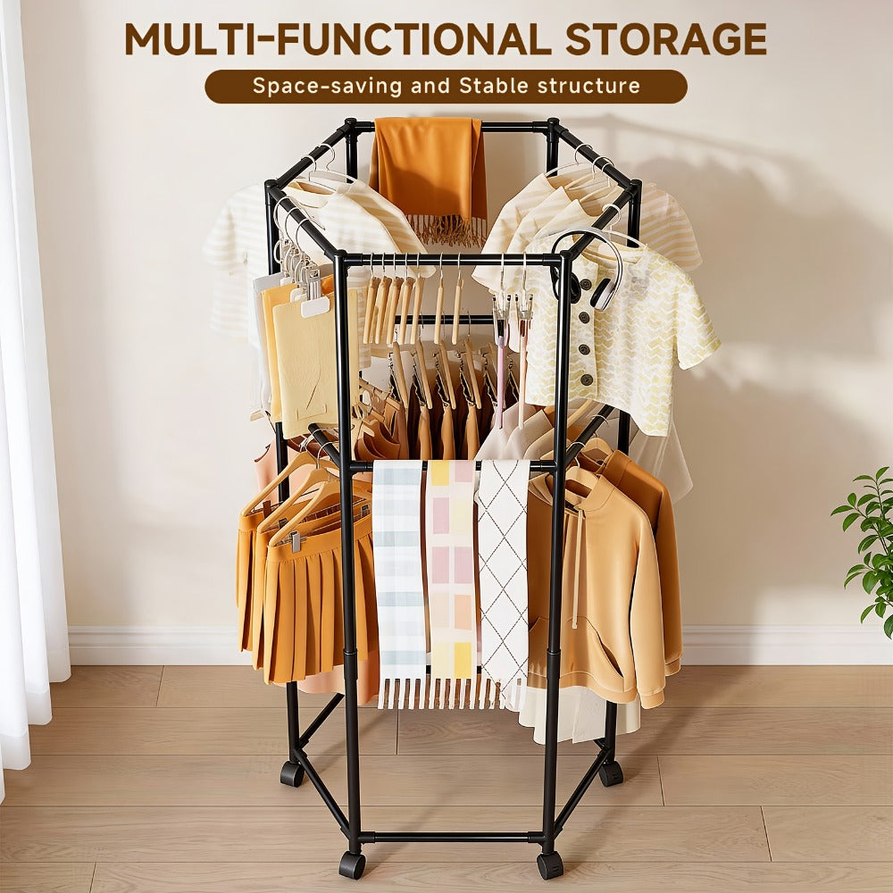 Rolling Hexagon Clothes Drying Rack 1 or 2 Layer ¨C Sturdy Metal Floor Stand with Wheels, Multi-Bar & 10 Clips, Portable Laundry Rack for Bedroom, Balcony & Dorm