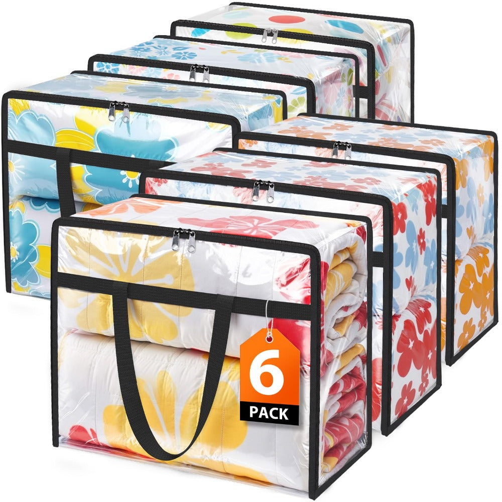 6 Pack Clear Storage Bags with Zippers ¨C Under Bed & Closet Organizer Containers for Comforter Blanket Bedding Duvet PVC 15.85gal