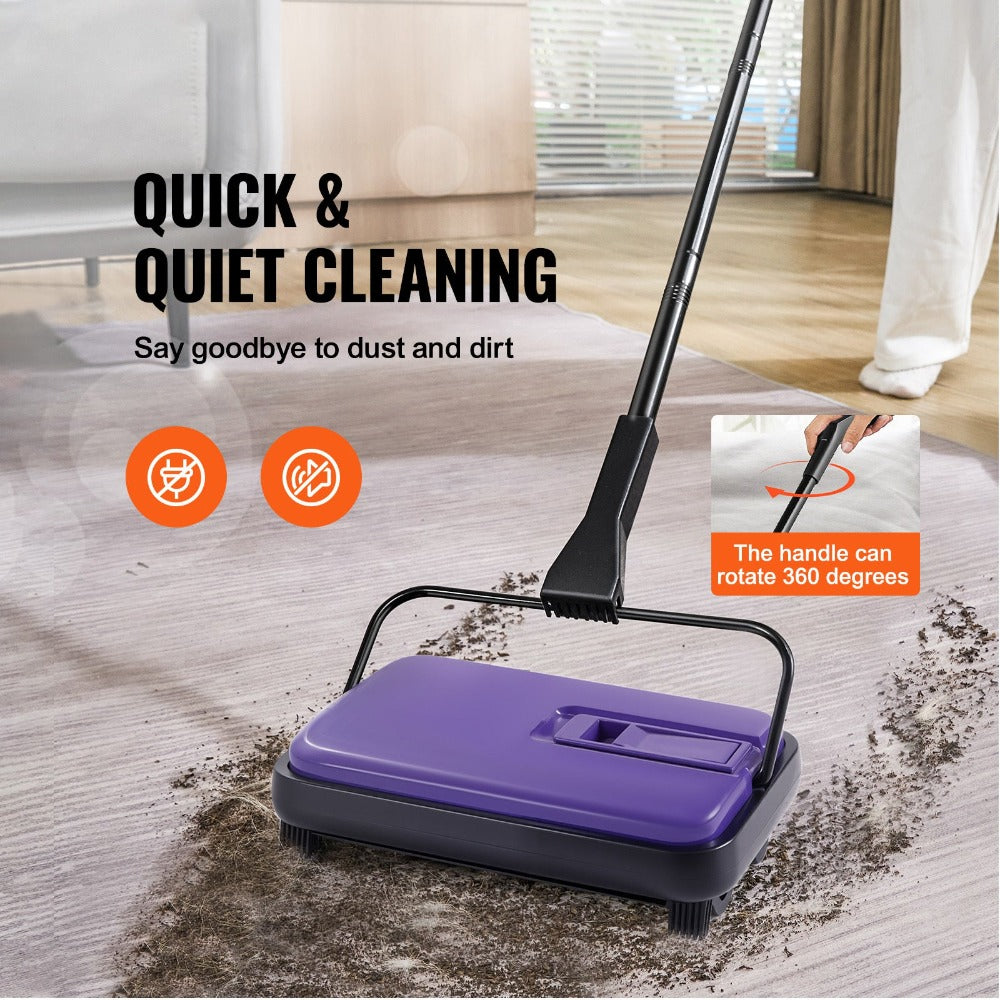 Manual Carpet Sweeper Push Non-Electric 300ml Dustbin 6.7in Width 180¡ã Rotating Head Quiet Floor Sweeper for Home Office Pet Hair Hardwood Tile