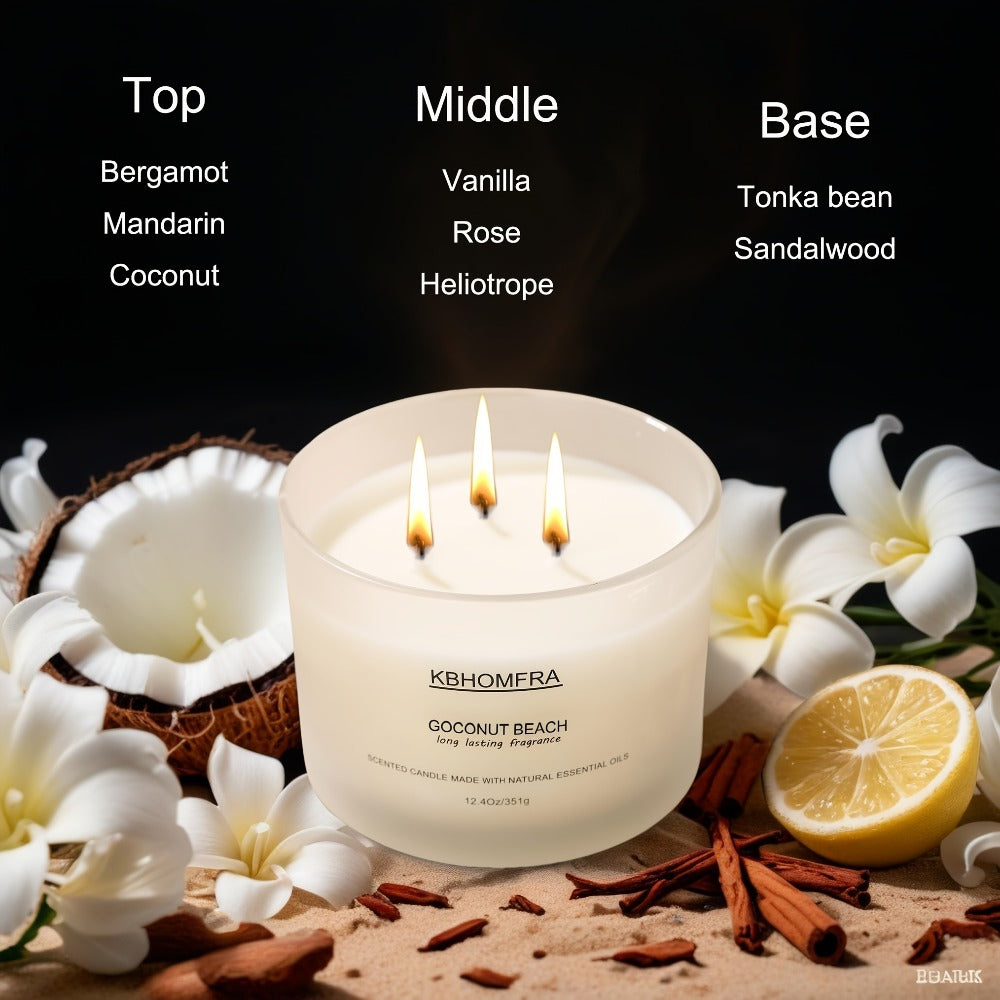 Scented Candles 3-Wick Large Soy Wax Candle 12.4oz - 70 Hour Burn Time, Natural Soy Blend & Beeswax, Luxury Gift Box, 6 Scents: Vanilla Coconut, Lemon Lavender, Jasmine, Citrus Sage, Pink Sands, Gardenia